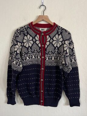 Vintage REI 100% Pure Wool Nordic Fair Isle Cardigan Sweater Medium Blue Red